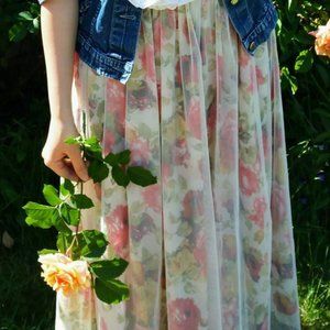Midi Satin and Tulle Vintage Floral Skirt